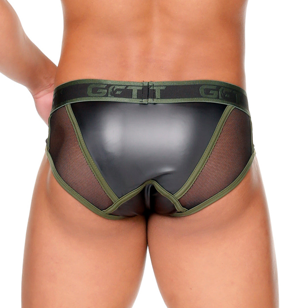 FETISH GREEN BRIEF - Sexy black leather underwear for men. Brief for men with removable cup