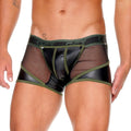 Black and olive green Gigo Fetish Green Trunk mesh briefs with shiny patent leather-like front panel