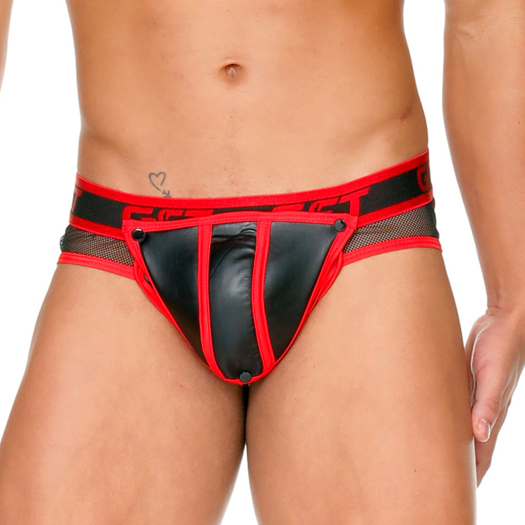 FETISH RED BRIEF - Sexy black leather underwear for men. Brief for men with removable cup