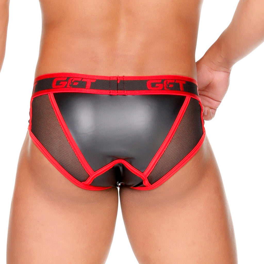 FETISH RED BRIEF - Sexy black leather underwear for men. Brief for men with removable cup