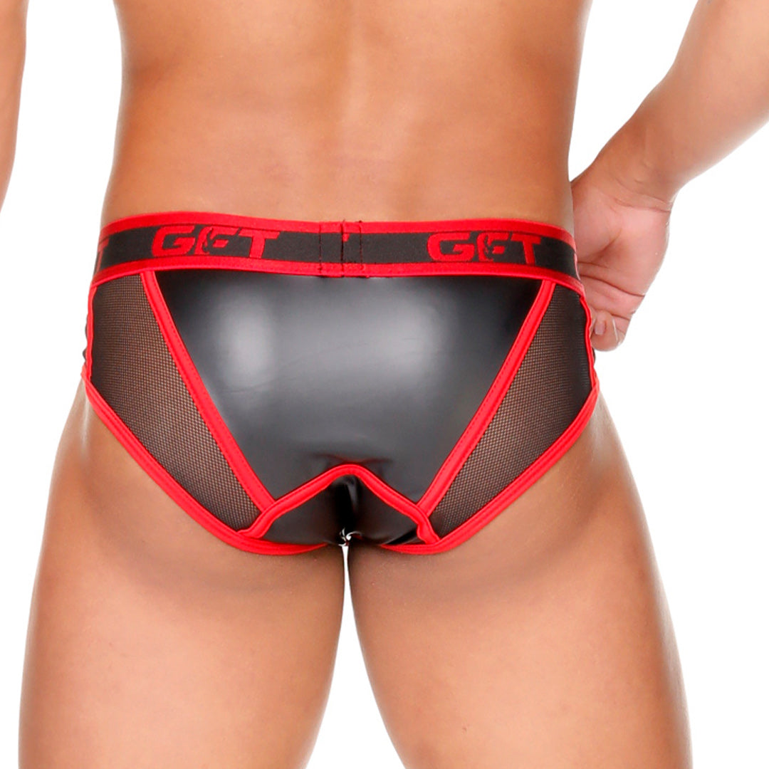 FETISH RED BRIEF - Sexy black leather underwear for men. Brief for men with removable cup