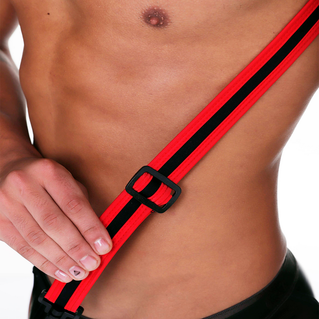 Red and black striped adjustable strap with black plastic buckle for gigo fetish red harness