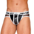Black and white faux leather briefs with mesh side panels and bold gft logo on waistband gigo fetish white brief