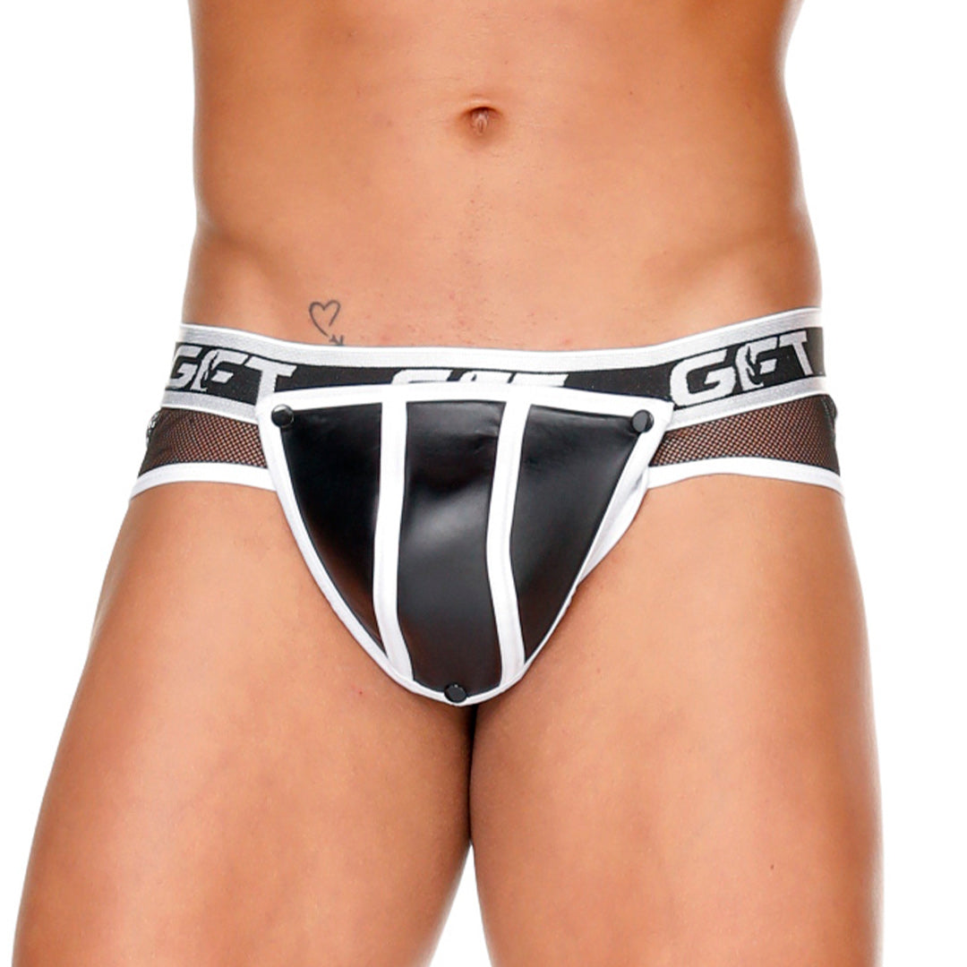 FETISH WHITE BRIEF - Sexy black leather underwear for men. Brief for men with removable cup