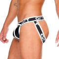 Black and white gigo fetish white jockstrap with bold get branding on waistband and leg straps in athletic style