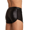 Black gigo foamy short showing back with shiny patent leather like material and breathable mesh panels