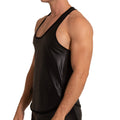 Black shiny faux leather Gigo Foamy tank top with mesh side panels for a stylish edgy look
