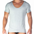 A slim-fit heather gray short-sleeved gigo forever gray tshirt with a deep scoop neckline made of soft fabric