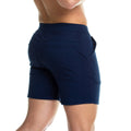 Back view of navy blue gigo formal blue short athletic shorts with fitted waistband and two back pockets