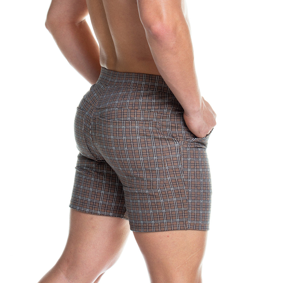 FORMAL BROWN SQUARE SHORT - Brown plaid shorts for men