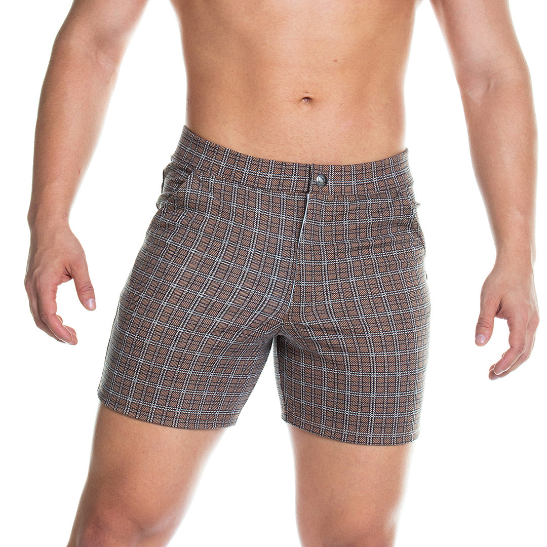 FORMAL BROWN SQUARE SHORT - Brown plaid shorts for men