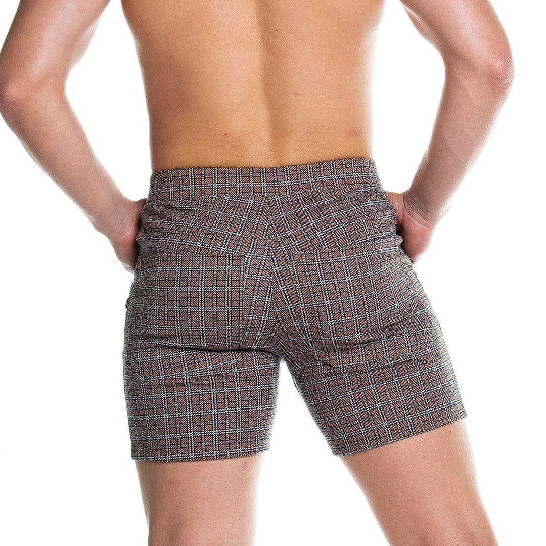 FORMAL BROWN SQUARE SHORT - Brown plaid shorts for men