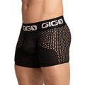 Black gigo hybrid trunk men’s boxer briefs with black mesh pattern and white logo on the waistband