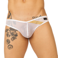 White mesh briefs with gold glitter stripe and black floral tattoo design on the leg gigo hit white brief