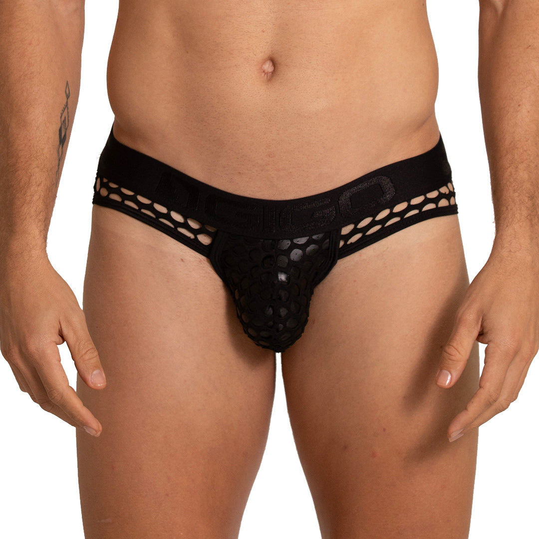 HOLE BLACK BRIEF JOCK - Men's black underwear, sexy jockstrap for men