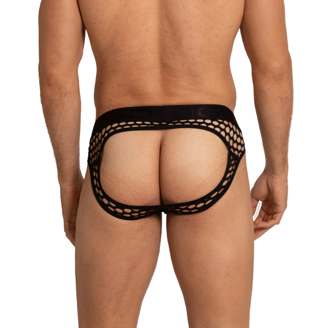 HOLE BLACK BRIEF JOCK - Men's black underwear, sexy jockstrap for men