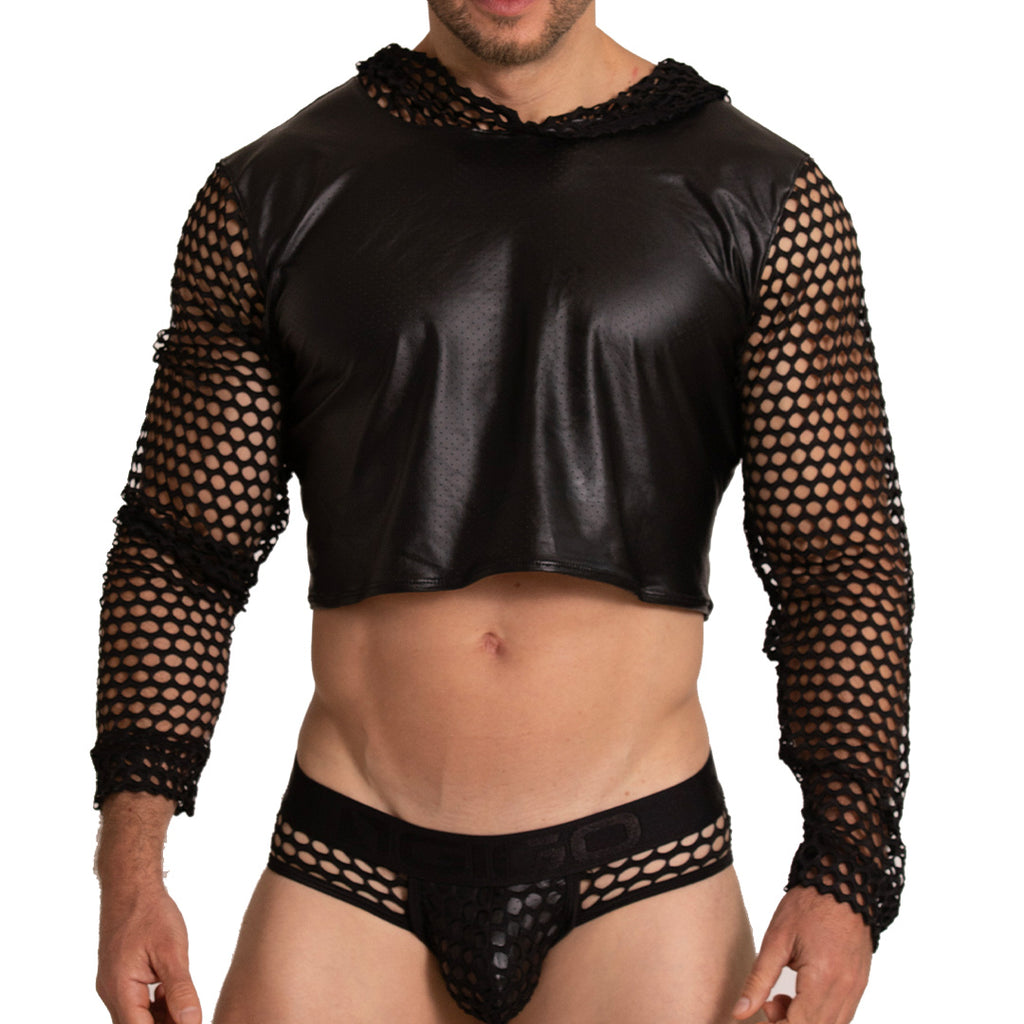 Black faux leather crop top with mesh sleeves and hood from gigo hole black hoody tshirt collection
