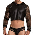Black faux leather crop top with mesh sleeves and hood from gigo hole black hoody tshirt collection