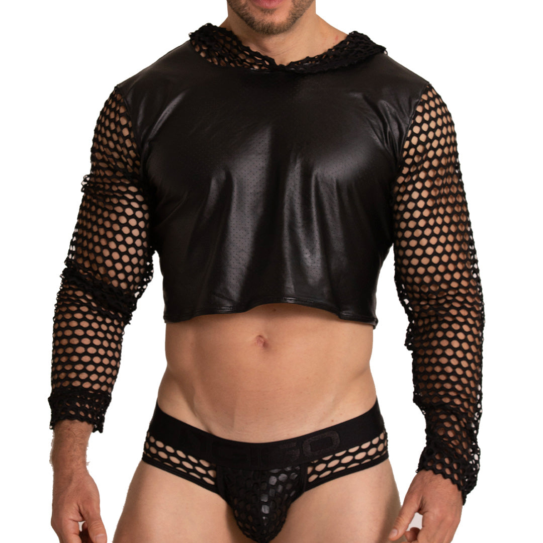 Black faux leather crop top with mesh sleeves and hood from gigo hole black hoody tshirt collection