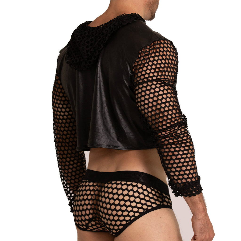 Black mesh hooded crop top with faux leather panels and lace trim in gigo hole black hoody tshirt product image