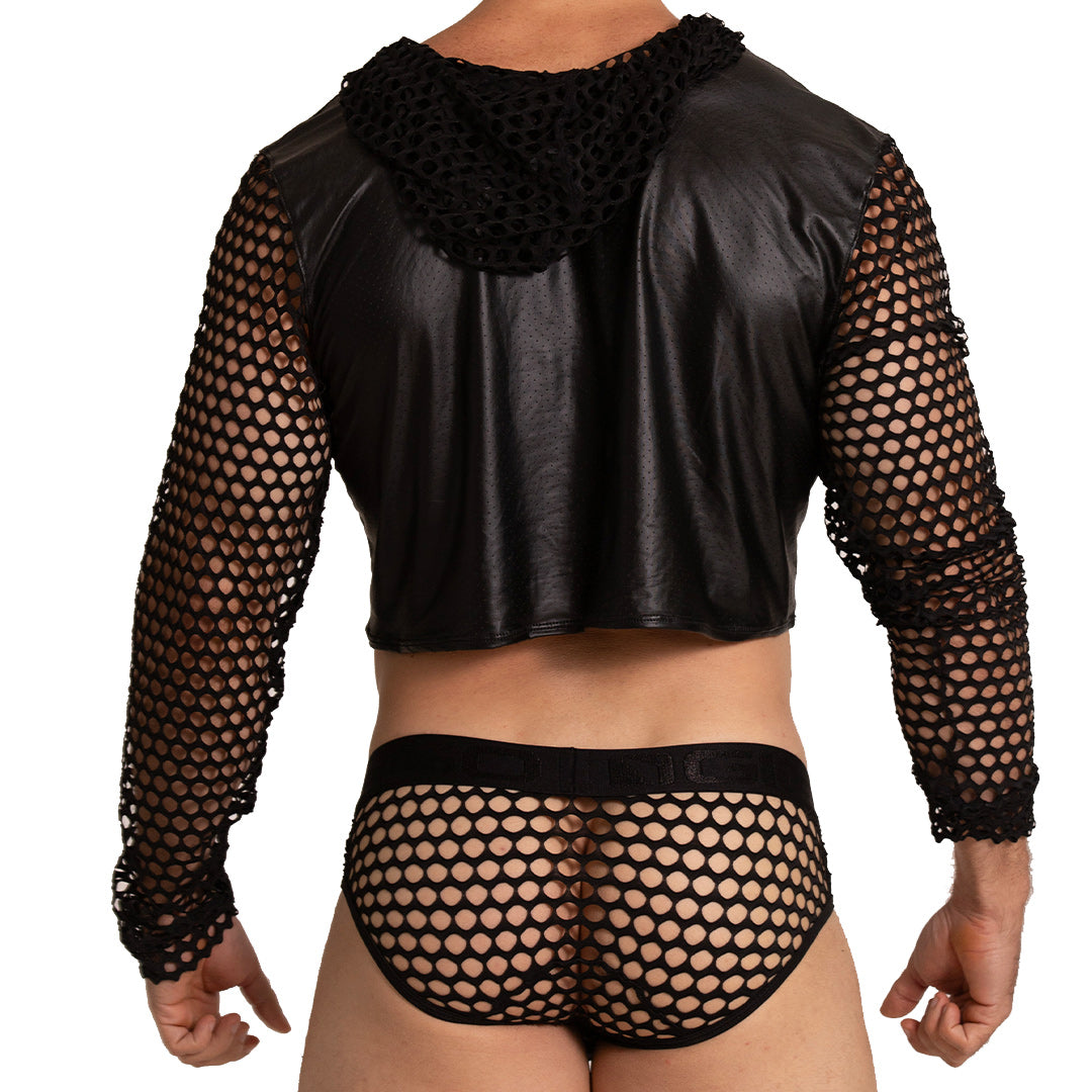 Black mesh and faux leather cropped hoodie with long sleeves from gigo hole black hoody tshirt collection visible from front