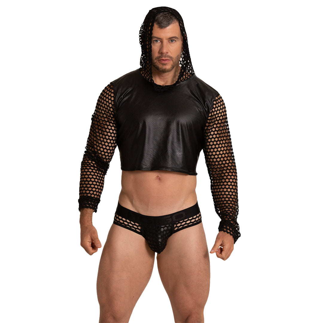 Black mesh hooded crop top with faux leather torso and long sleeves from Gigo Hole black hoody tshirt collection