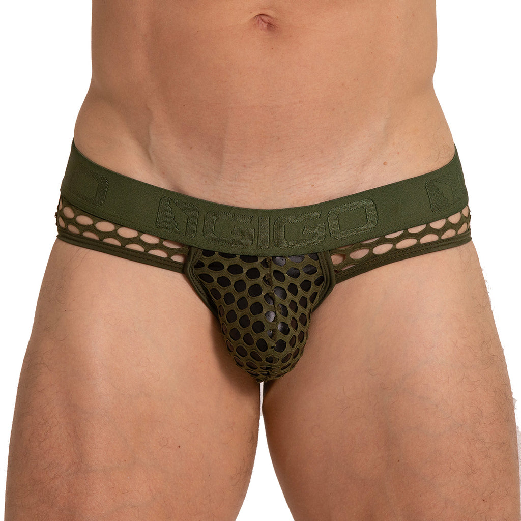 HOLE GREEN BRIEF JOCK - Men's green underwear, sexy jockstrap for men