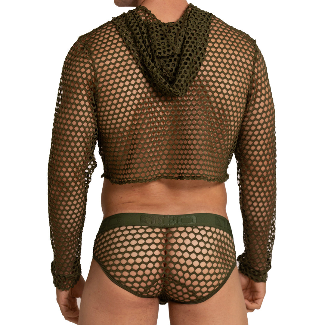 Olive green mesh hooded crop top and matching briefs set from gigo hole green hoody tshirt collection