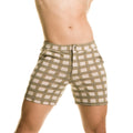 Beige and olive green plaid gigo infaltable brown shorts with button closure made from lightweight fabric