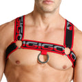 Red and black gigo karma black harness with metallic ring centerpiece designed for secure and stylish wear