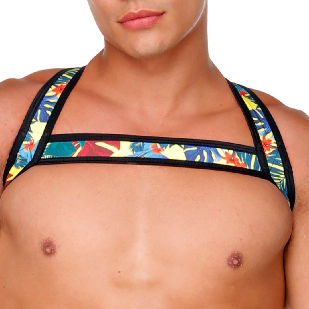 MACAWS YELLOW HARNESS - Sexy black leather type Lycra with zipper for men