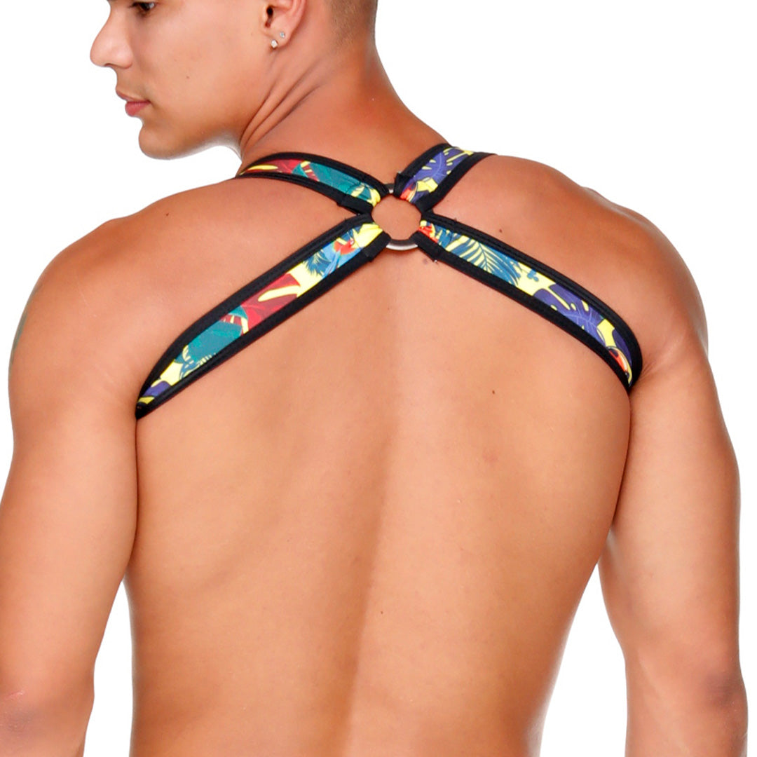 MACAWS YELLOW HARNESS - Sexy black leather type Lycra with zipper for men