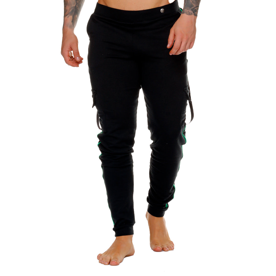 MEDIEVAL GREEN SPORTPANTS - Men's black sport pants with green stripes