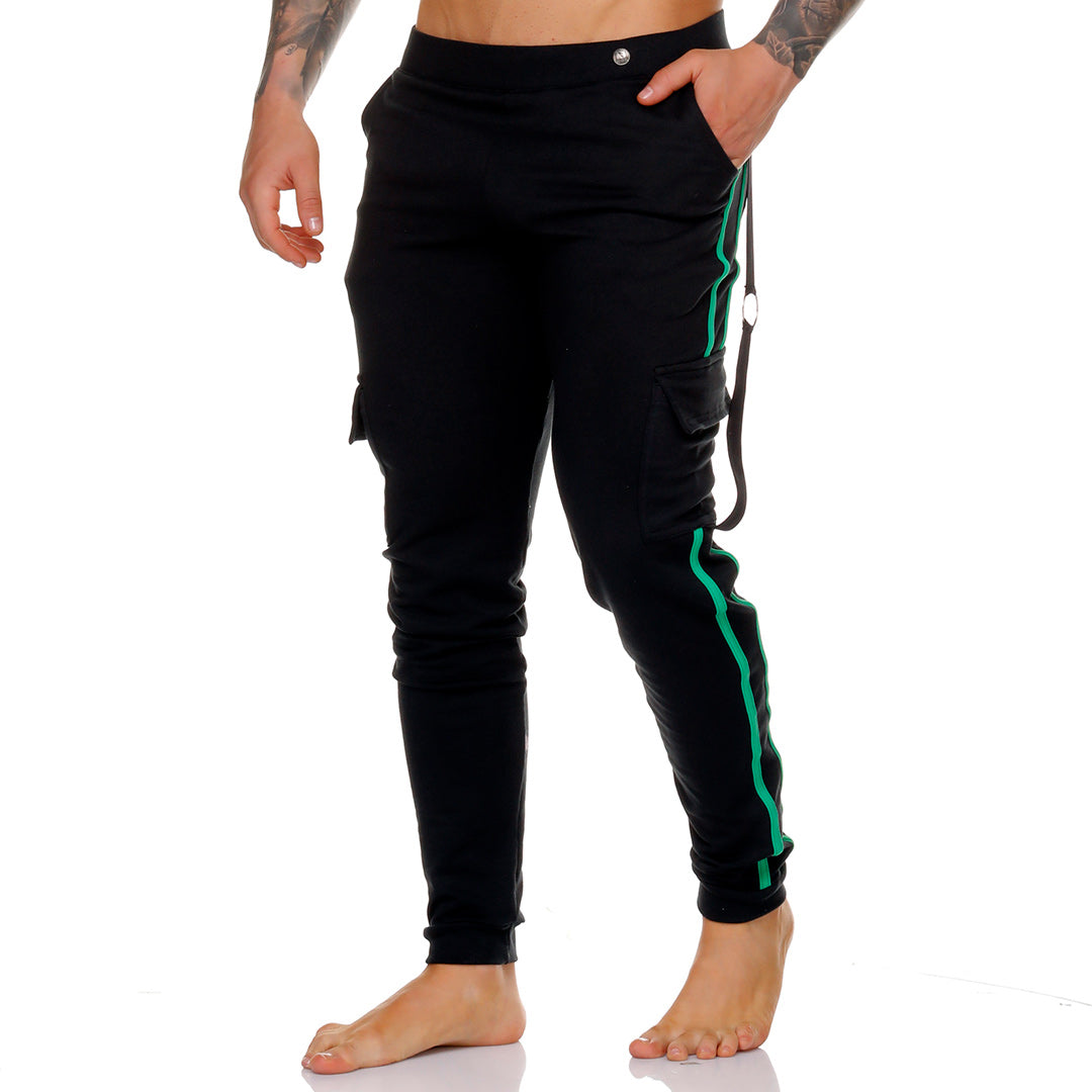 MEDIEVAL GREEN SPORTPANTS - Men's black sport pants with green stripes
