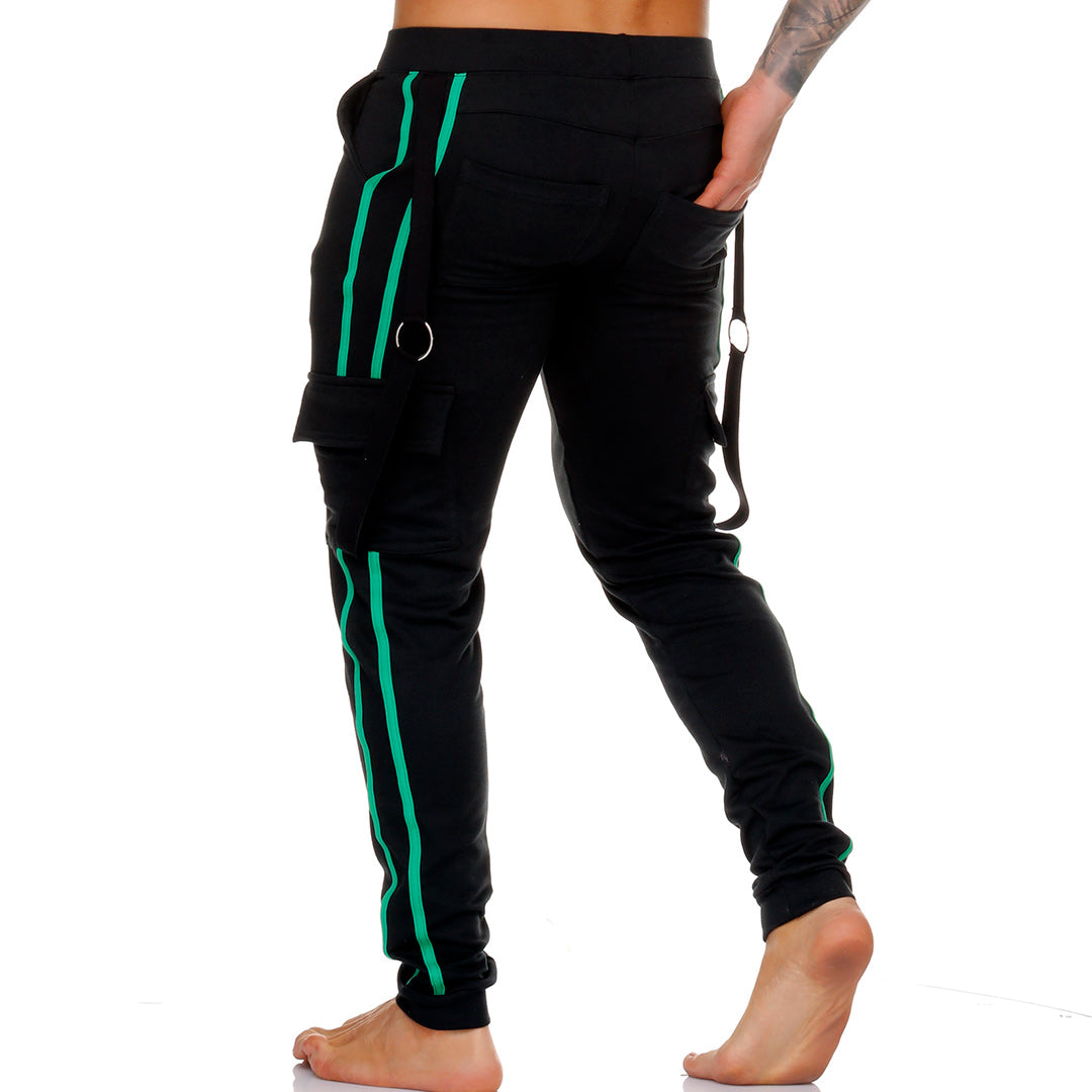 MEDIEVAL GREEN SPORTPANTS - Men's black sport pants with green stripes