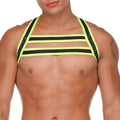 Neon green and black striped halter top with strappy geometric design from gigo medieval yellow harness collection