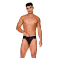 Black gigo mediterranean brief jockstrap with sheer mesh panels and branded waistband for athletic support