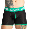 Black gigo boxer briefs with vibrant green waistband and trim featuring white brand logo in gigo misty green trunk style