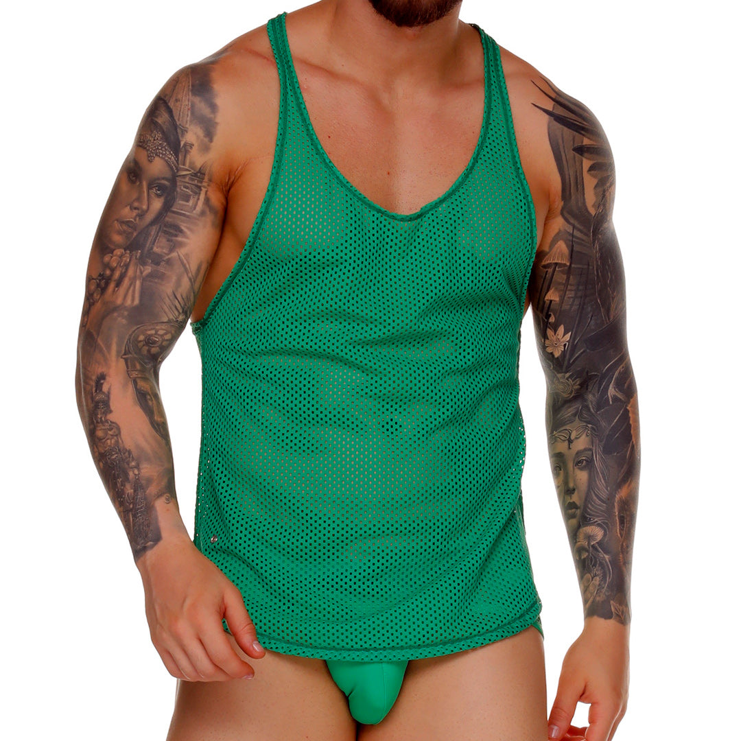 MOROCCO GREEN TANK - Sexy playera en malla verde para hombre, camisilla sin mangas