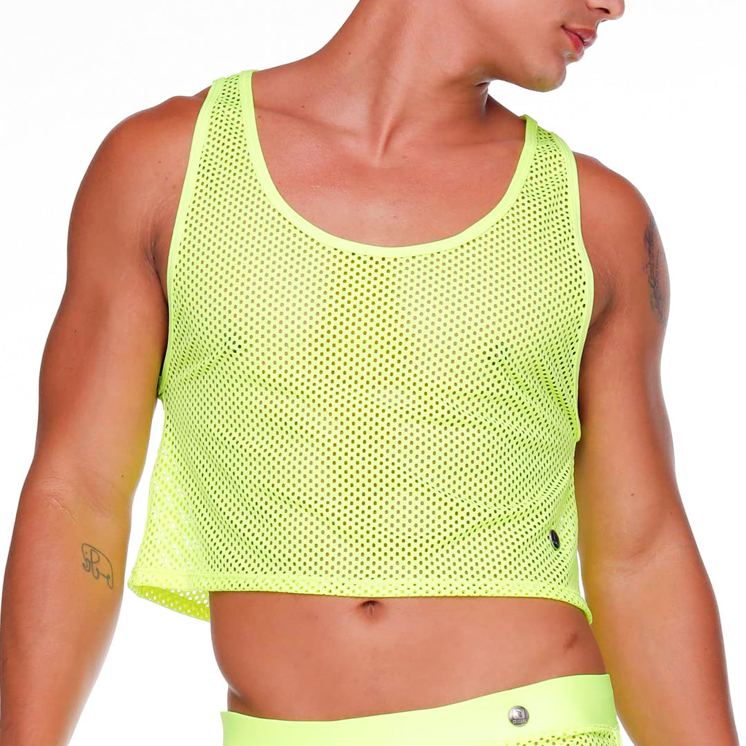 MOROCCO YELLOW CROOP TOP - Sexy Fluorescent yellow mesh croop top for men, men's shirt
