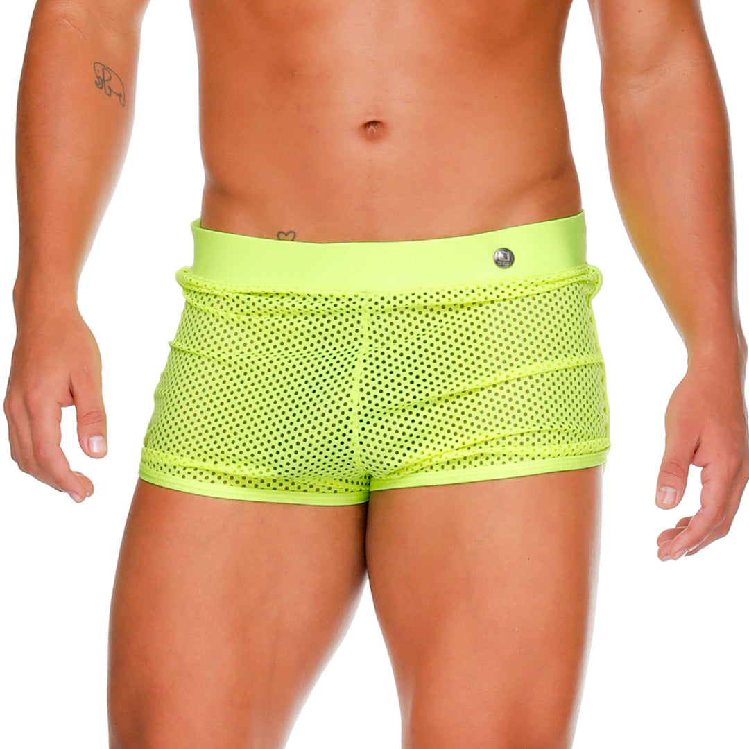 MOROCCO YELLOW HOTSHORT - Sexy Fluorescent yellow mesh shorts for men