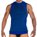 Gigo Nirvana blue sleeveless hoodie top with textured heathered fabric and mesh side panels