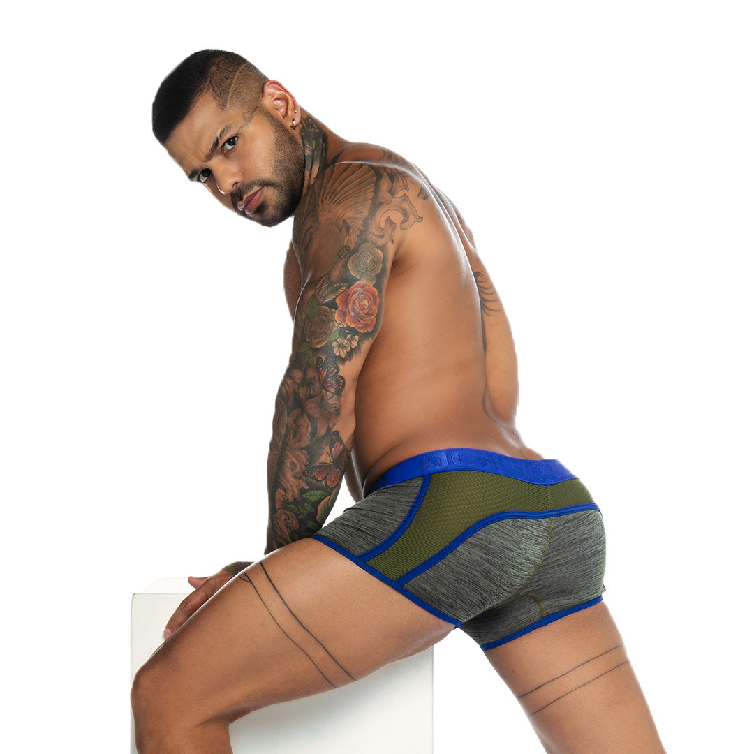 Men’s athletic briefs gigo nirvana green trunk in gray and olive green with bold blue trim for active wear