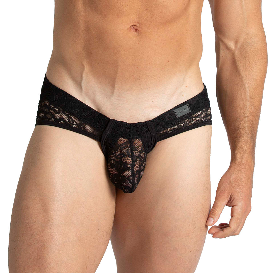 PARADISE BLACK BRIEF - Men's underwear in black lace with cup that allows for enhancement