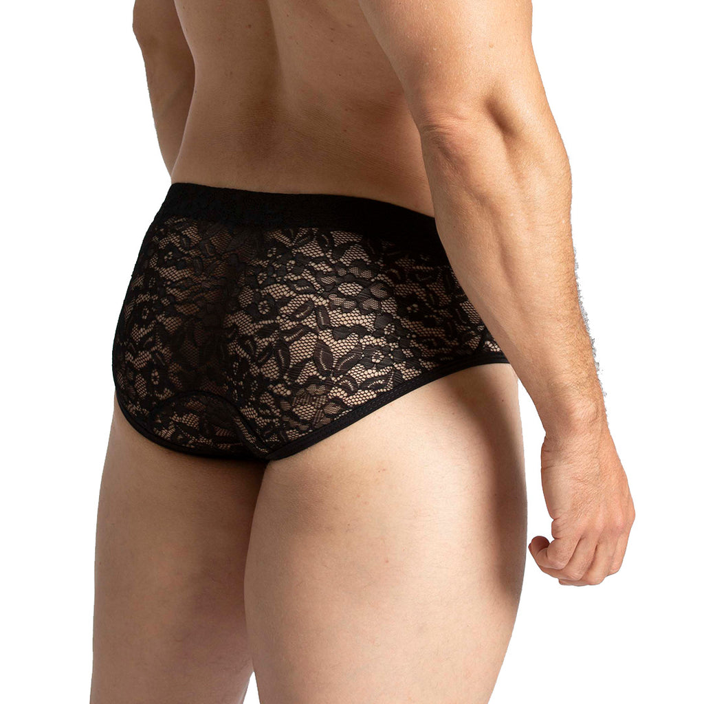 PARADISE BLACK BRIEF - Men's underwear in black lace with cup that allows for enhancement