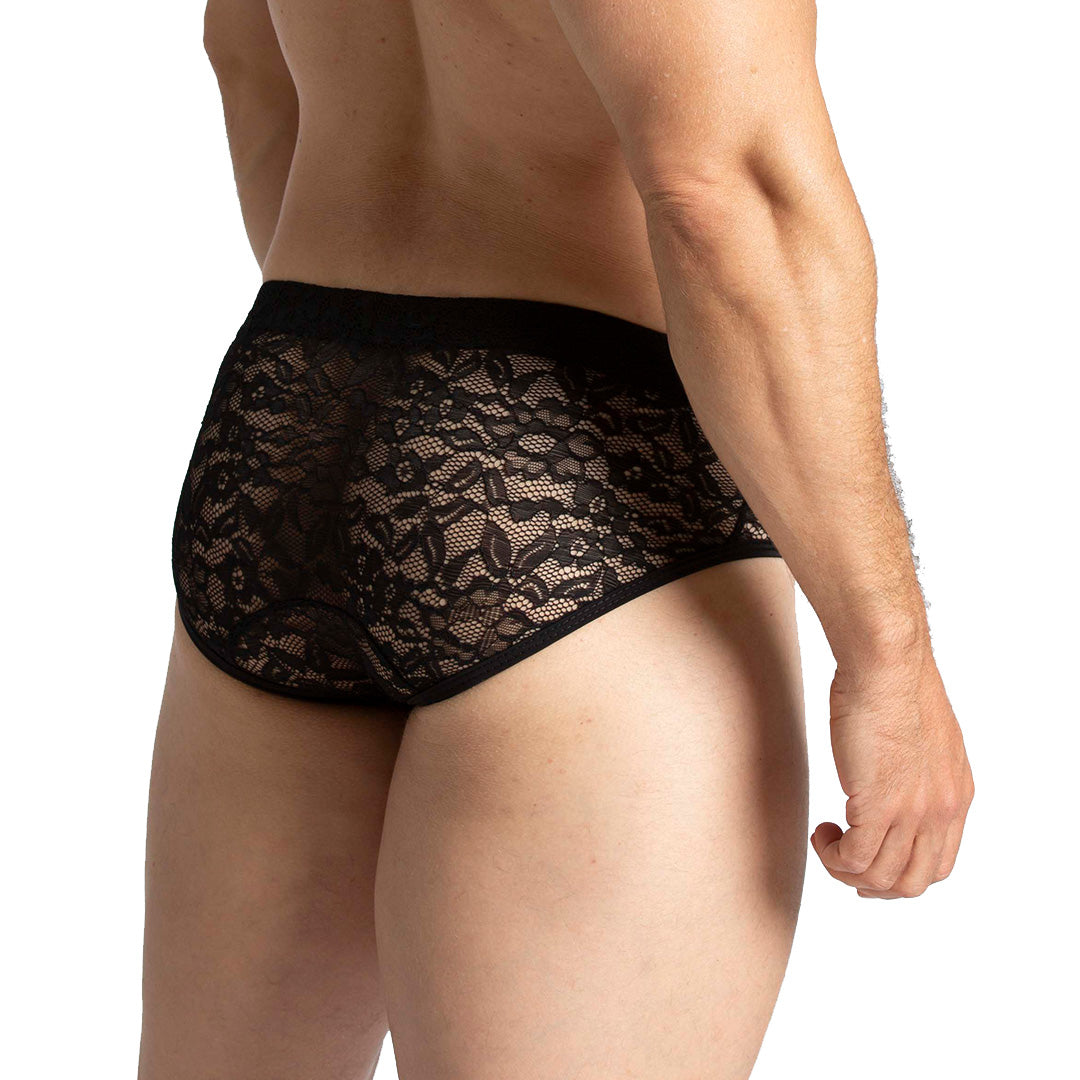 PARADISE BLACK BRIEF - Men's underwear in black lace with cup that allows for enhancement