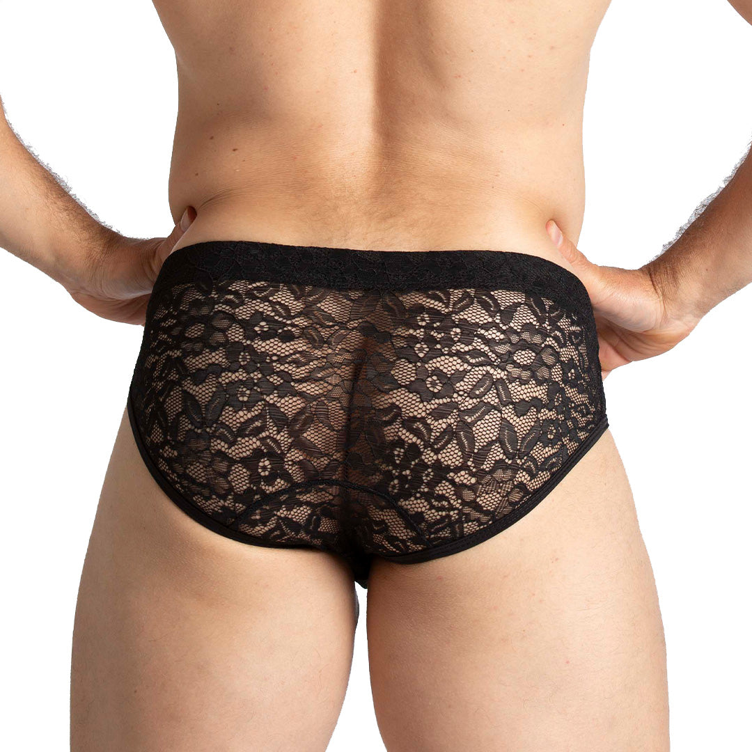 PARADISE BLACK BRIEF - Men's underwear in black lace with cup that allows for enhancement