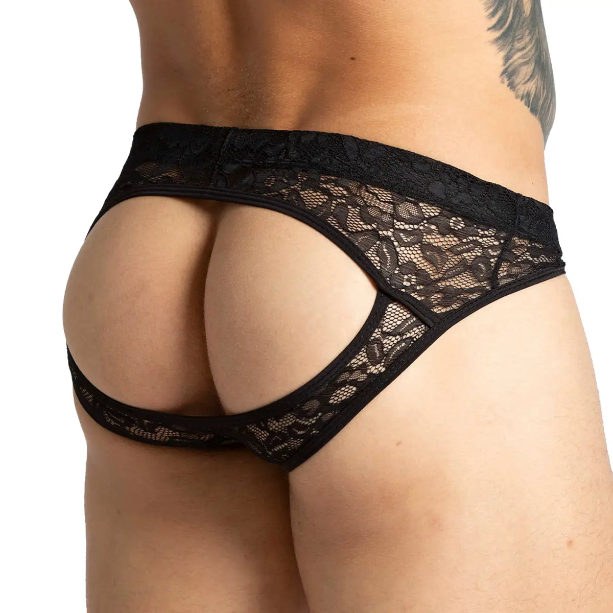 PARADISE BLACK BRIEF JOCK - Men's underwear in black lace, sexy men's jockstrap with cup for enhancement