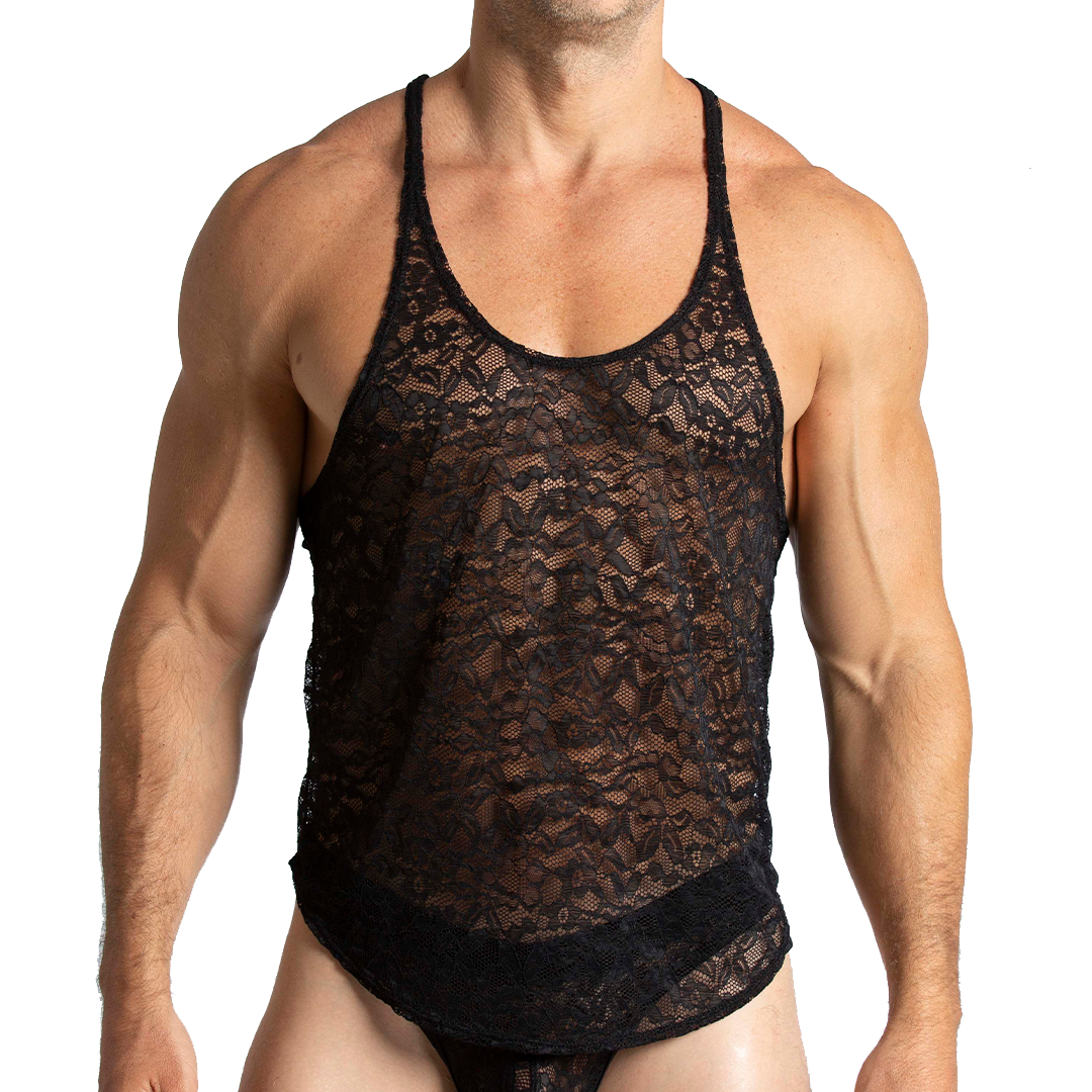 PARADISE BLACK TANK - Sexy black lace t-shirt for men, sleeveless chemise