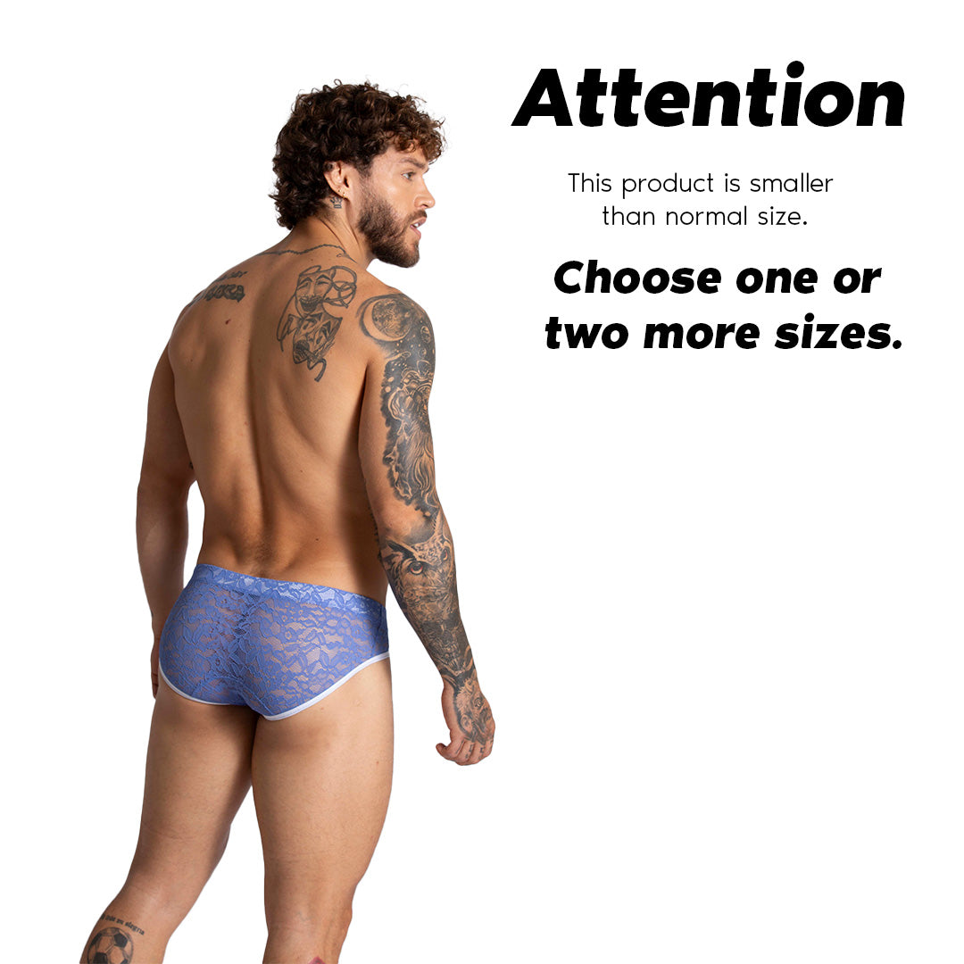 PARADISE BLUE BRIEF - Men's underwear in blue lace with cup that allows for enhancement